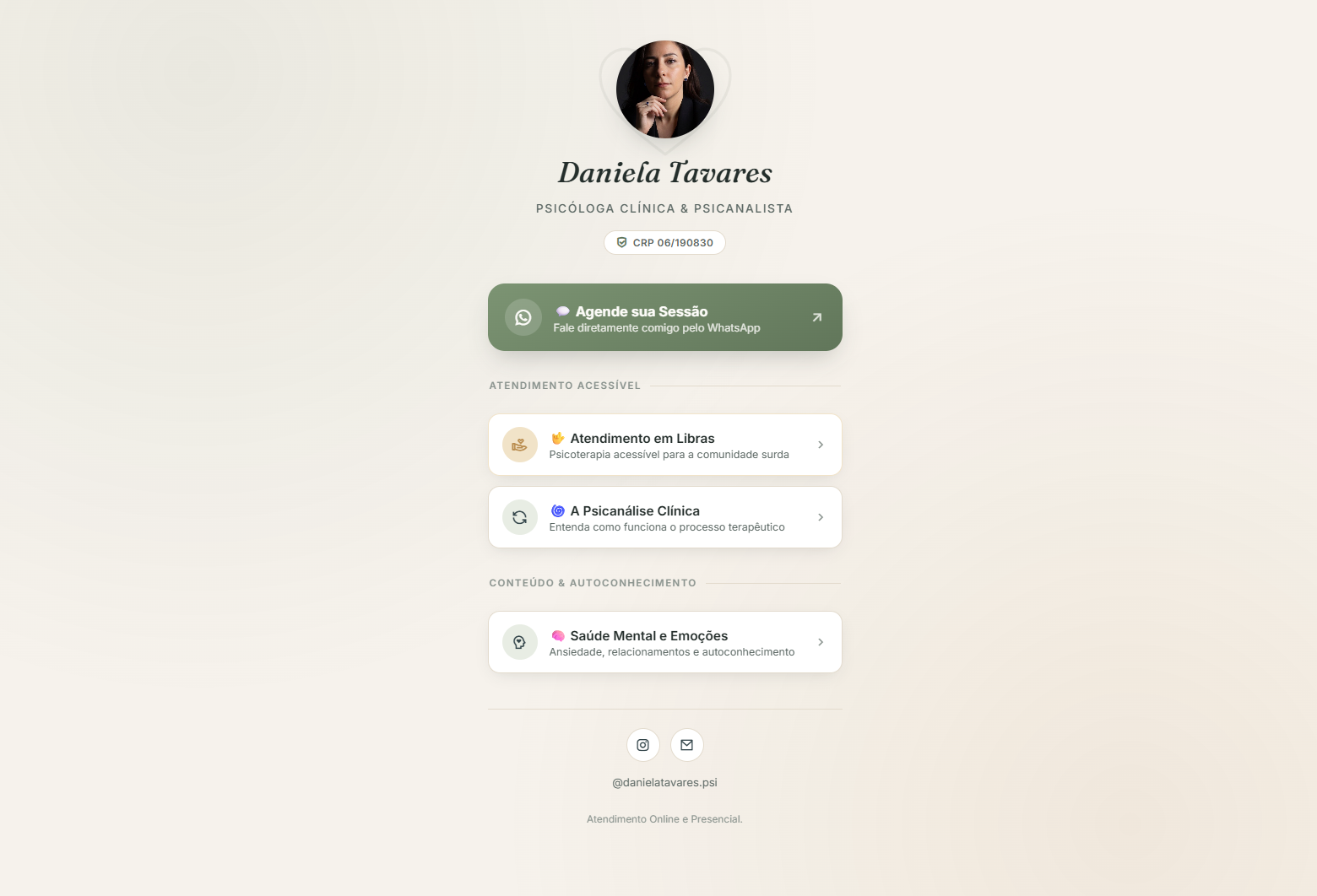 Preview do Link na Bio da psicóloga Daniela Tavares